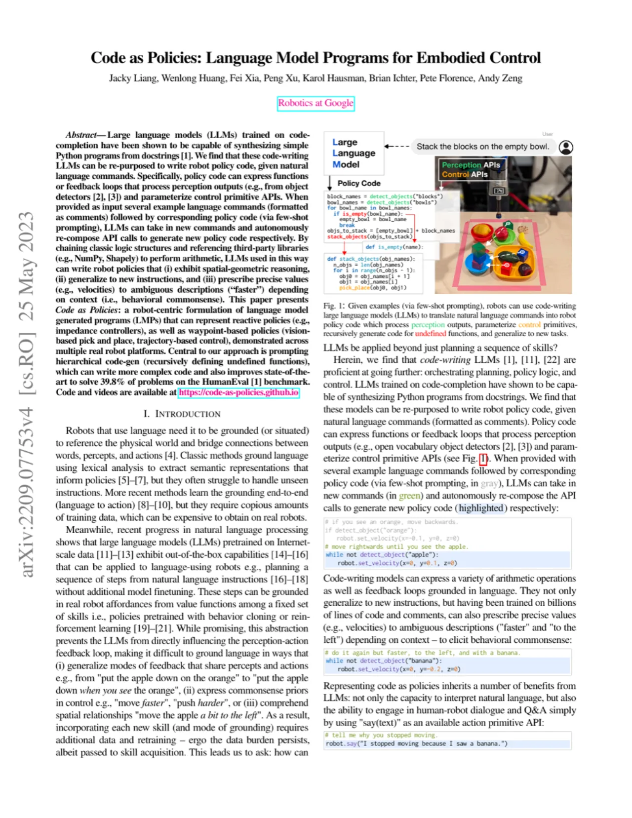 CaP teaser: natural language instruction converted to robot policy code