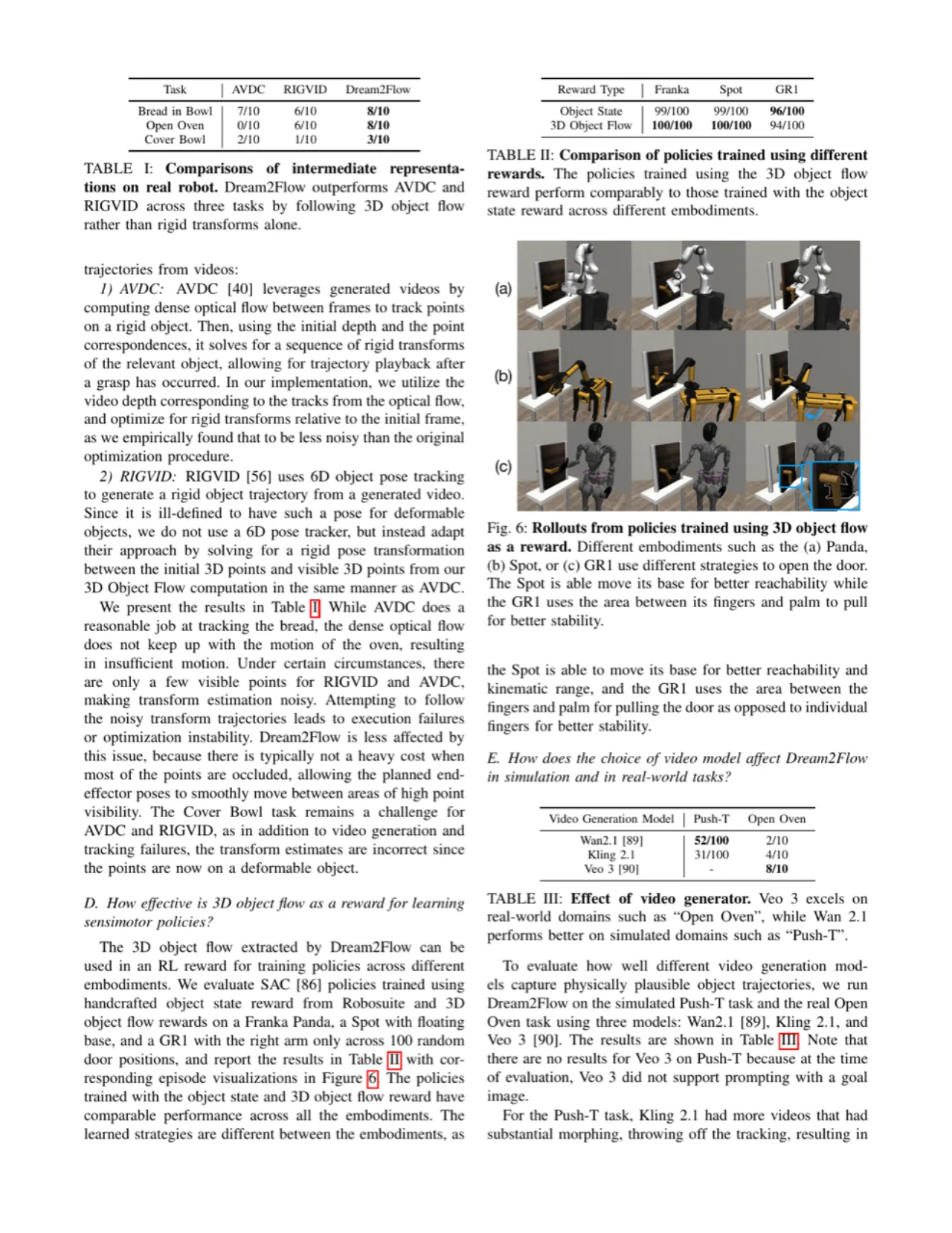 Results tables: real-world manipulation and cross-embodiment RL reward comparison
