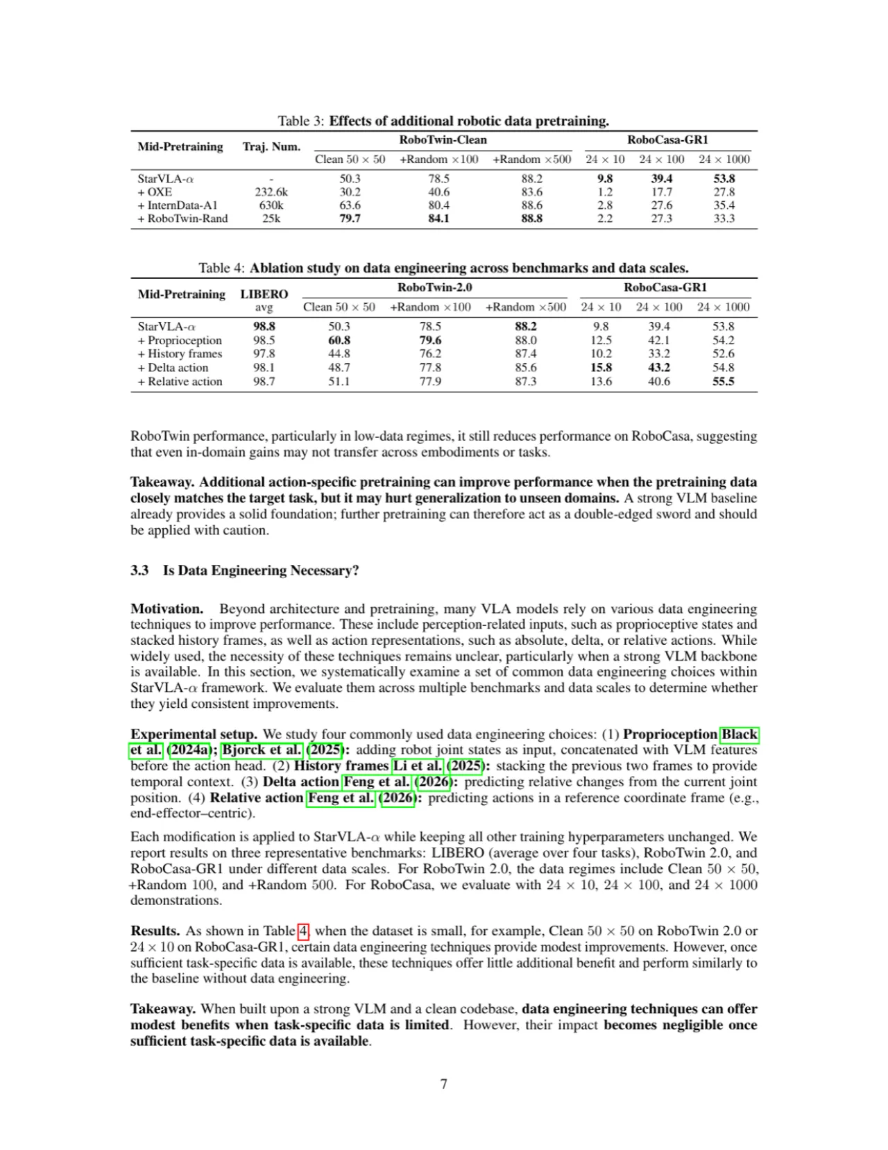 Ablation study on data engineering techniques: history stacking, proprioception, relative action