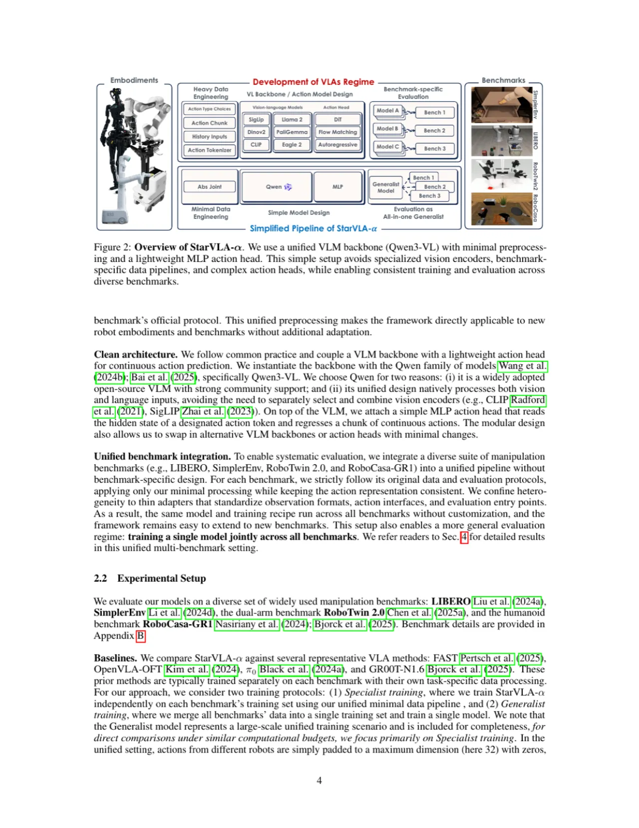 StarVLA-α simplified pipeline and architecture overview