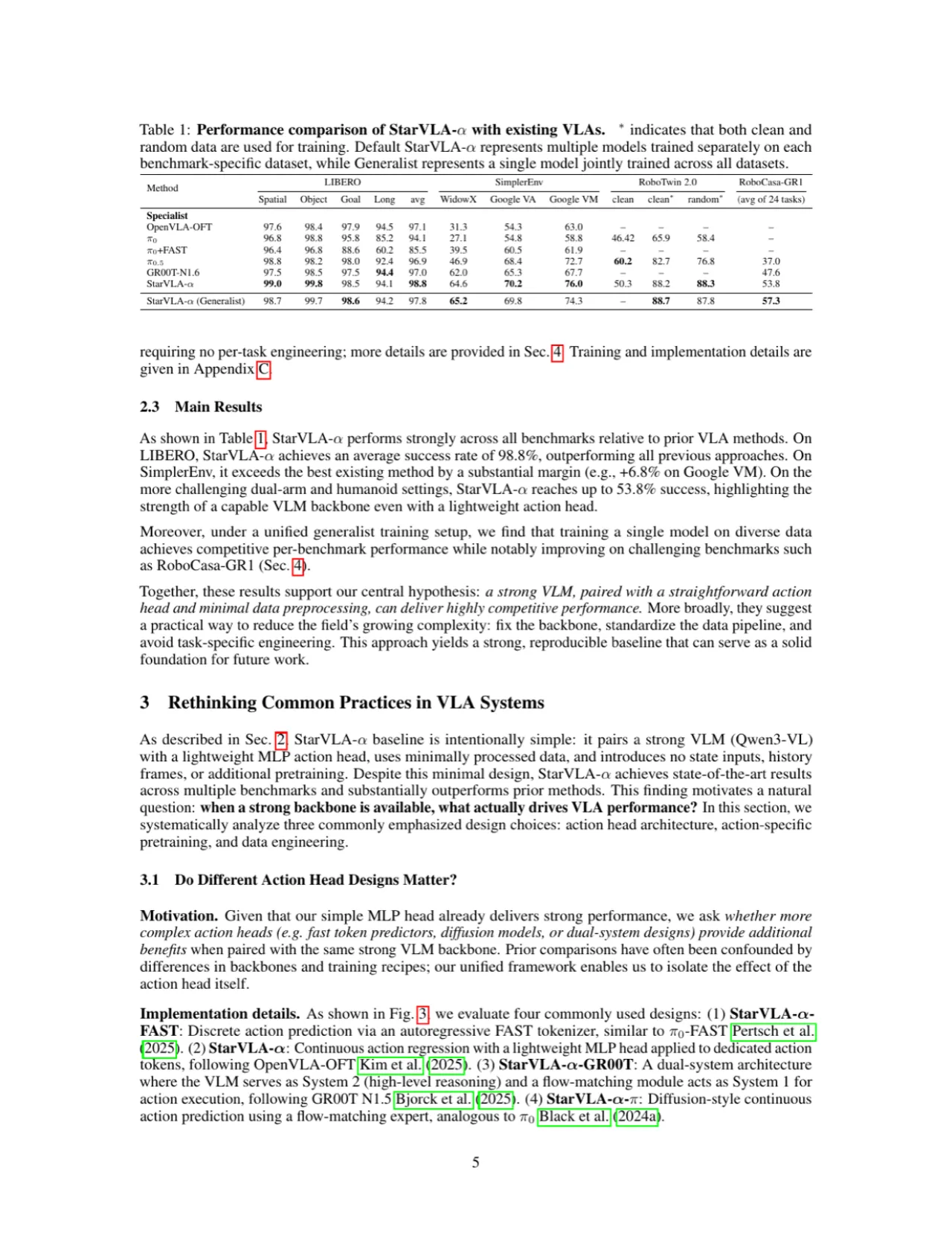 LIBERO benchmark results table comparing StarVLA-α with existing VLA methods