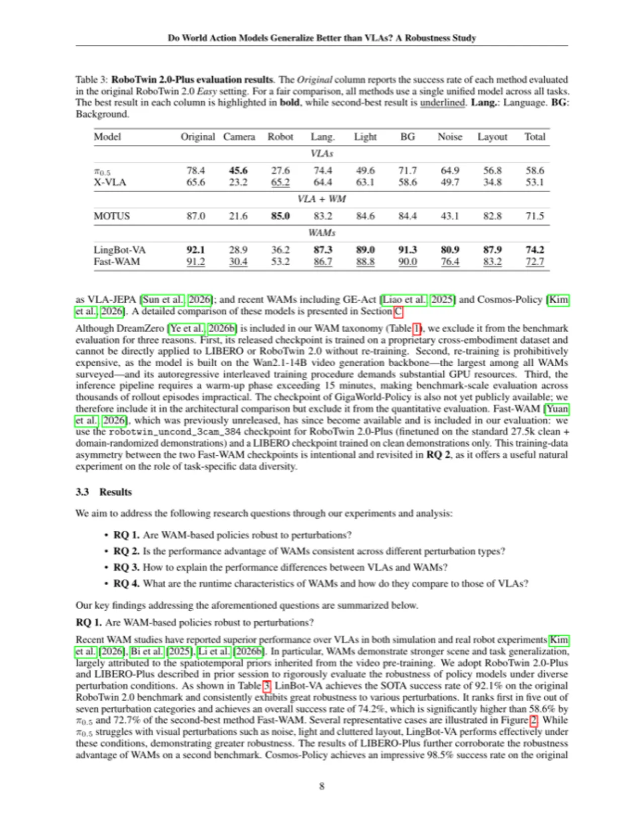 RoboTwin 2.0-Plus 评测结果（Table 3）